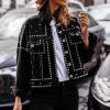 imageOmoone Womens Long Sleeve Rivet Studded Denim Jacket Casual Pearl Short Jean Coat Concert Nashville OutfitsBlack