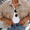 imageOmoone Womens Long Sleeve Rivet Studded Denim Jacket Casual Pearl Short Jean Coat Concert Nashville OutfitsKhaki
