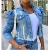 imageOmoone Womens Ripped Puff Sleeve Denim Crop Top LongSleeve Cropped Jean JacketBlue