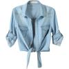 imageOmoone Womens 34 Sleeve Denim Crop Top Tie Knot Shirt CardiganLight Blue
