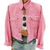 imageOmoone Womens Long Sleeve Rivet Studded Denim Jacket Casual Pearl Short Jean Coat Concert Nashville OutfitsPink