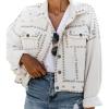 imageOmoone Womens Long Sleeve Rivet Studded Denim Jacket Casual Pearl Short Jean Coat Concert Nashville OutfitsWhite