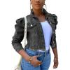 imageOmoone Womens Ripped Puff Sleeve Denim Crop Top LongSleeve Cropped Jean JacketGrey