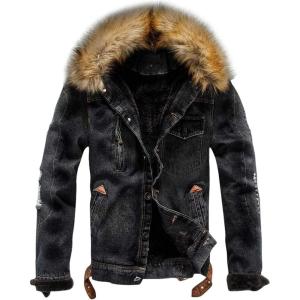 imageOmoone Mens Faux Fur Collar Sherpa Fleece Lined Distressed Denim Trucker JacketBlack