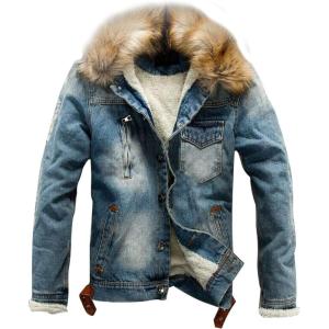 imageOmoone Mens Faux Fur Collar Sherpa Fleece Lined Distressed Denim Trucker JacketBlue