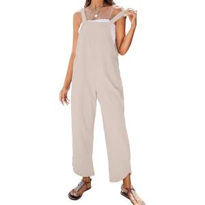 imageOmoone Women Sleeveless Cotton Straps Baggy Jumpsuit Overalls Casual Summer Bib Rompers PocketsApricot