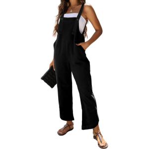 imageOmoone Women Sleeveless Cotton Straps Baggy Jumpsuit Overalls Casual Summer Bib Rompers PocketsBlack