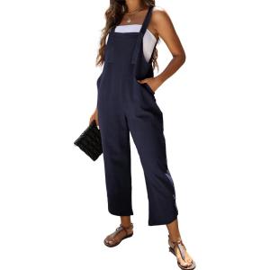 imageOmoone Women Sleeveless Cotton Straps Baggy Jumpsuit Overalls Casual Summer Bib Rompers PocketsBlue