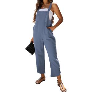 imageOmoone Women Sleeveless Cotton Straps Baggy Jumpsuit Overalls Casual Summer Bib Rompers PocketsBlue Grey
