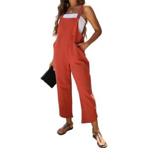 imageOmoone Women Sleeveless Cotton Straps Baggy Jumpsuit Overalls Casual Summer Bib Rompers PocketsBrick Red