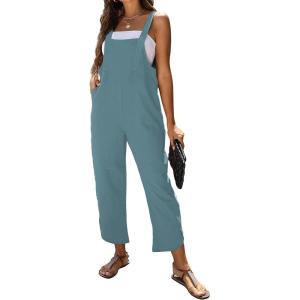 imageOmoone Women Sleeveless Cotton Straps Baggy Jumpsuit Overalls Casual Summer Bib Rompers PocketsCyan