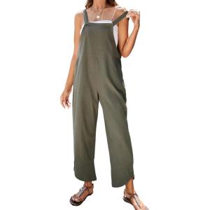 imageOmoone Women Sleeveless Cotton Straps Baggy Jumpsuit Overalls Casual Summer Bib Rompers PocketsGreen