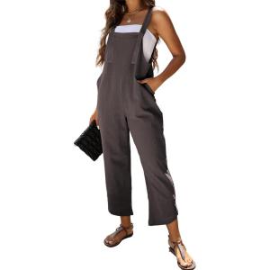 imageOmoone Women Sleeveless Cotton Straps Baggy Jumpsuit Overalls Casual Summer Bib Rompers PocketsGrey