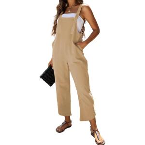 imageOmoone Women Sleeveless Cotton Straps Baggy Jumpsuit Overalls Casual Summer Bib Rompers PocketsTan