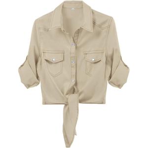 imageOmoone Womens 34 Sleeve Denim Crop Top Tie Knot Shirt CardiganApricot
