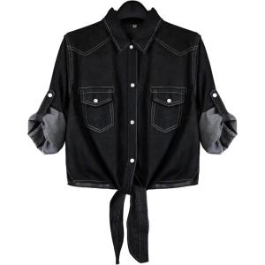 imageOmoone Womens 34 Sleeve Denim Crop Top Tie Knot Shirt CardiganBlack01