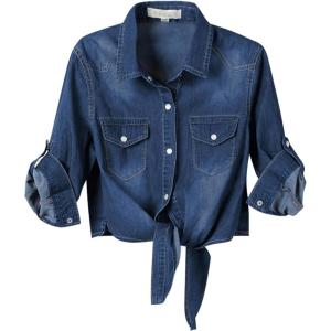 imageOmoone Womens 34 Sleeve Denim Crop Top Tie Knot Shirt CardiganDark Blue