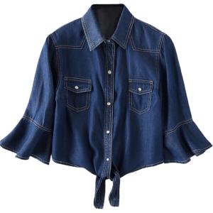 imageOmoone Womens 34 Sleeve Denim Crop Top Tie Knot Shirt CardiganDarkbluerufflesleeve