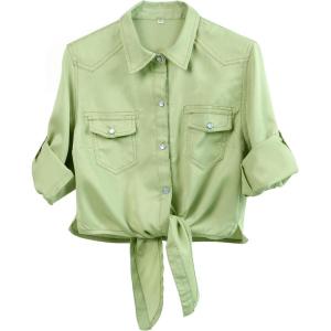 imageOmoone Womens 34 Sleeve Denim Crop Top Tie Knot Shirt CardiganGreen