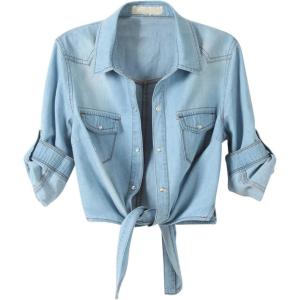 imageOmoone Womens 34 Sleeve Denim Crop Top Tie Knot Shirt CardiganLight Blue