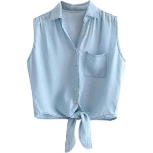imageOmoone Womens 34 Sleeve Denim Crop Top Tie Knot Shirt CardiganLight Blue Sleeveless