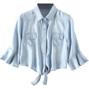 imageOmoone Womens 34 Sleeve Denim Crop Top Tie Knot Shirt CardiganLightbluerufflesleeve