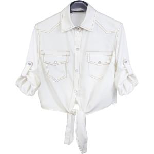 imageOmoone Womens 34 Sleeve Denim Crop Top Tie Knot Shirt CardiganWhite