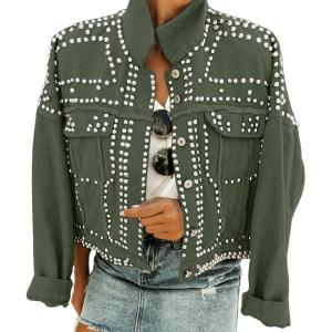 imageOmoone Womens Long Sleeve Rivet Studded Denim Jacket Casual Pearl Short Jean Coat Concert Nashville OutfitsArmy Green