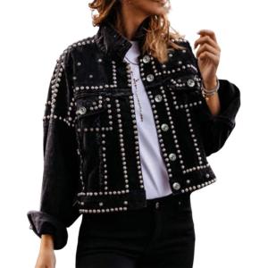 imageOmoone Womens Long Sleeve Rivet Studded Denim Jacket Casual Pearl Short Jean Coat Concert Nashville OutfitsBlack
