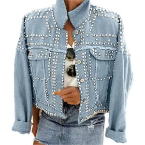 imageOmoone Womens Long Sleeve Rivet Studded Denim Jacket Casual Pearl Short Jean Coat Concert Nashville OutfitsBlue