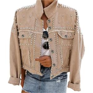 imageOmoone Womens Long Sleeve Rivet Studded Denim Jacket Casual Pearl Short Jean Coat Concert Nashville OutfitsKhaki