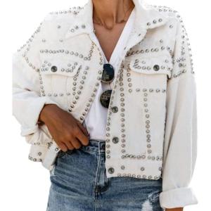 imageOmoone Womens Long Sleeve Rivet Studded Denim Jacket Casual Pearl Short Jean Coat Concert Nashville OutfitsWhite