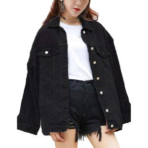 imageOmoone Womens Oversized Mid Long Denim Jacket Jean Biker CoatBlack