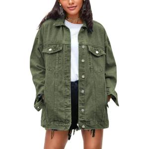imageOmoone Womens Oversized Mid Long Denim Jacket Jean Biker CoatGreen
