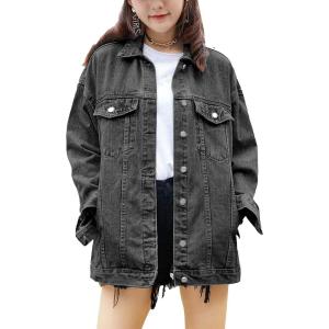imageOmoone Womens Oversized Mid Long Denim Jacket Jean Biker CoatGrey