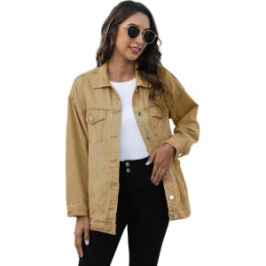imageOmoone Womens Oversized Mid Long Denim Jacket Jean Biker CoatKhaki