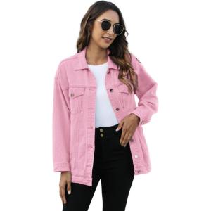 imageOmoone Womens Oversized Mid Long Denim Jacket Jean Biker CoatPink