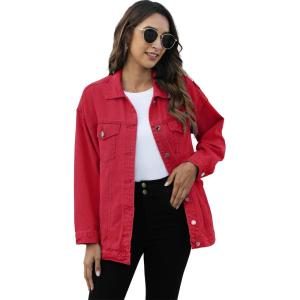 imageOmoone Womens Oversized Mid Long Denim Jacket Jean Biker CoatRed