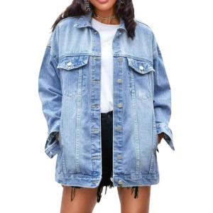 imageOmoone Womens Oversized Mid Long Denim Jacket Jean Biker CoatSky Blue