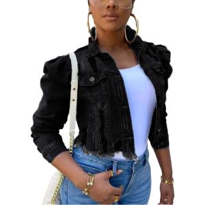 imageOmoone Womens Ripped Puff Sleeve Denim Crop Top LongSleeve Cropped Jean JacketBlack