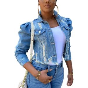 imageOmoone Womens Ripped Puff Sleeve Denim Crop Top LongSleeve Cropped Jean JacketBlue