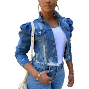 imageOmoone Womens Ripped Puff Sleeve Denim Crop Top LongSleeve Cropped Jean JacketDark Blue
