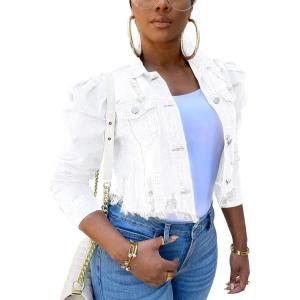 imageOmoone Womens Ripped Puff Sleeve Denim Crop Top LongSleeve Cropped Jean JacketWhite