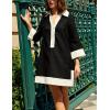 imageOmoone 2025 Swimsuit Coverup for Women Color Block Summer Beach Dresses V Neck Mini Linen Dress Shirts with PocketsBlack