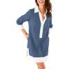 imageOmoone 2025 Swimsuit Coverup for Women Color Block Summer Beach Dresses V Neck Mini Linen Dress Shirts with PocketsBlue Grey