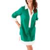 imageOmoone 2025 Swimsuit Coverup for Women Color Block Summer Beach Dresses V Neck Mini Linen Dress Shirts with PocketsGreen