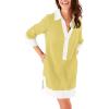 imageOmoone 2025 Swimsuit Coverup for Women Color Block Summer Beach Dresses V Neck Mini Linen Dress Shirts with PocketsYellow