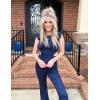 imageOmoone Womens Flared Denim Overalls Jumpsuit Ruffle Sleeves Backless Stretchy Blue Jean RomperDark Blue