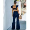 imageOmoone Womens Flared Denim Overalls Jumpsuit Ruffle Sleeves Backless Stretchy Blue Jean RomperDark Blue