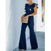 imageOmoone Womens Flared Denim Overalls Jumpsuit Ruffle Sleeves Backless Stretchy Blue Jean RomperDark Blue
